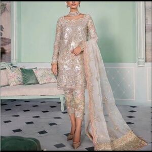 Embellished Silver-White Women's Dress with Sheer Embroidered Dupatta